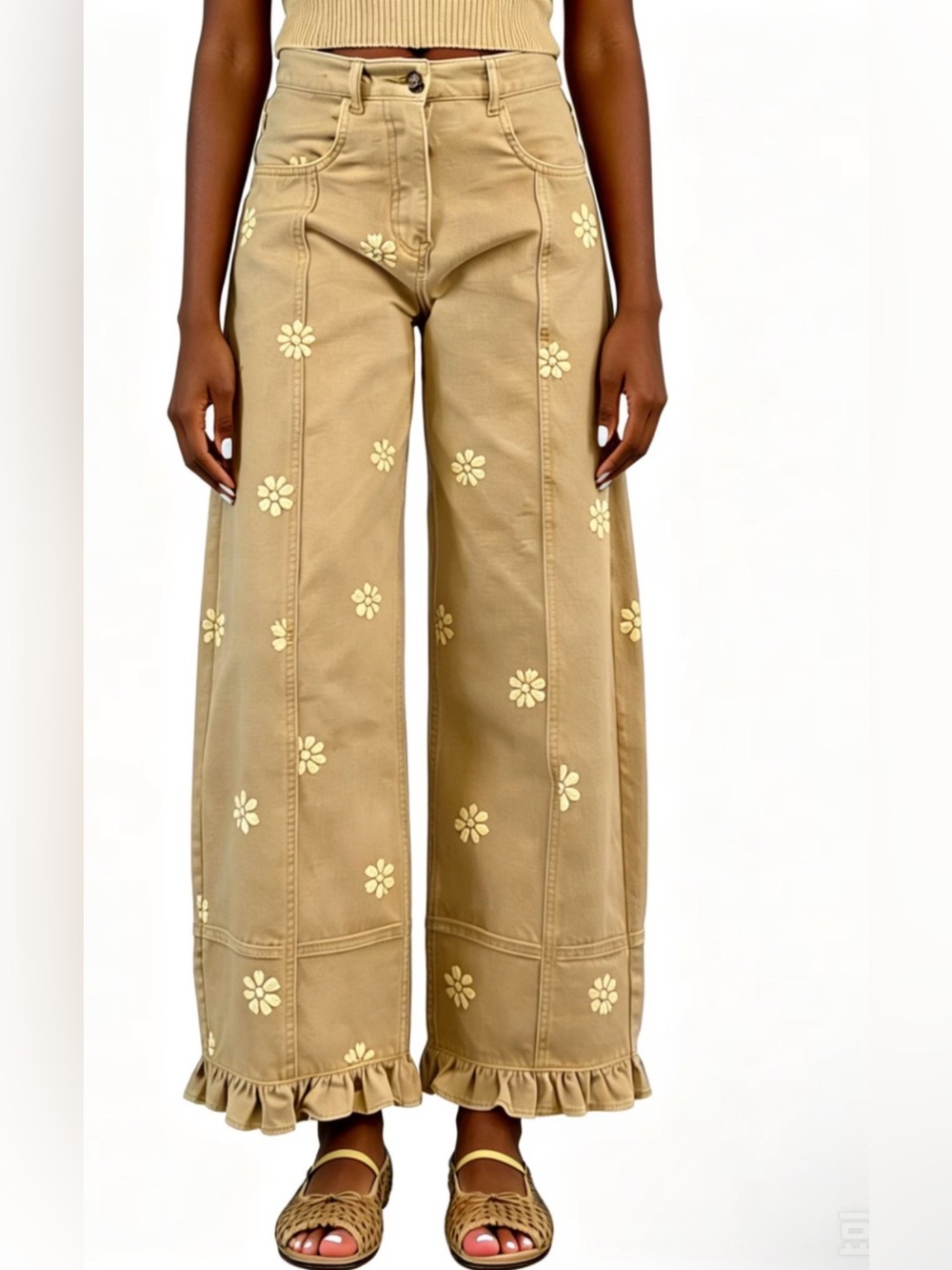 Embroidered Ruffle-Hem Wide Leg Pants - Tan with Cream Floral
